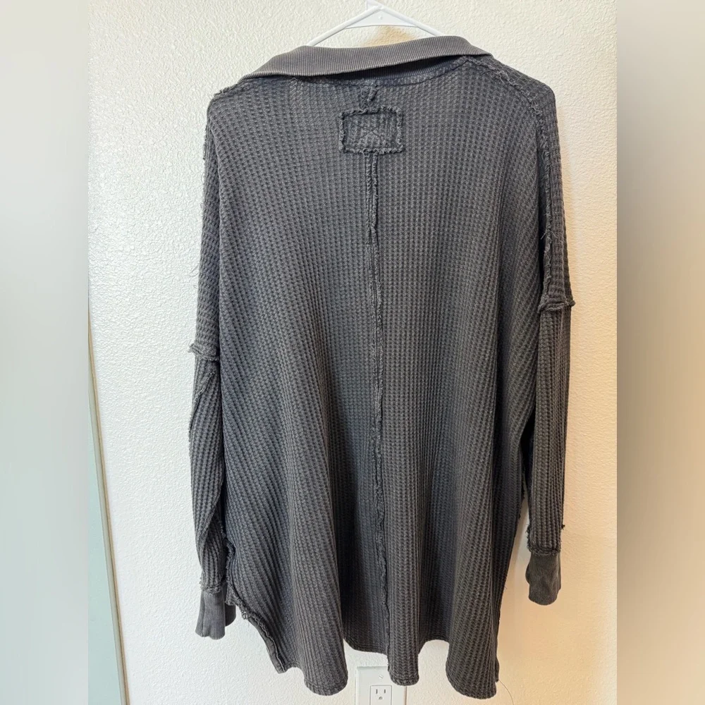 We The Free Charcoal Waffle-Knit Polo V-Neck Sweater - Picture 3 of 3